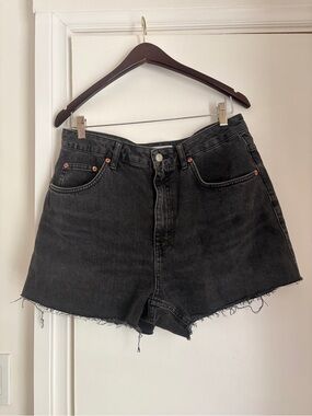 Topshop Black High-Rise Frayed Hem Denim Shorts
